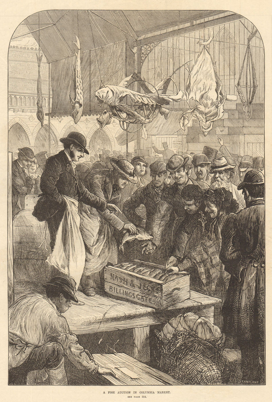 A fish auction in Columbia Market. London 1871 old antique print picture